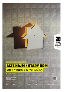 pośrodku plakatu zarys domu wraz z padającym za nim cieniem, poniżej tytuł spektaklu