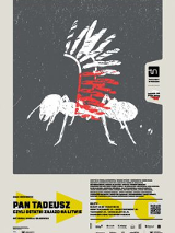 Plakat spektaklu: rysunek mrówki z biało czerwonymi skrzydłami przypominającymi skrzydła husarskie. U dołu plakatu informacje na temat spektaklu.