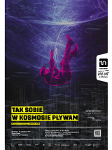 Plakat spektaklu w kolorach filotetowo-bordowych przedstawiający osobę unoszacą się powietrzu. U dołu plakatu informacje o przedstawieniu.