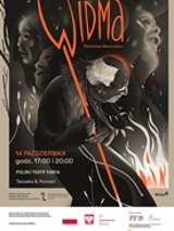 na pierwszym planie narysowana postać starszego mężczyzny z widłami, których górna część tworzy literę W tytułu spektaklu, wokół twarze innych postaci oraz informacje dot. spektaklu