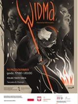 na pierwszym planie narysowana postać starszego mężczyzny z widłami, których górna część tworzy literę W tytułu spektaklu, wokół twarze innych postaci oraz informacje dot. spektaklu