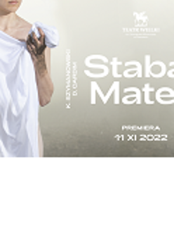 Plakat spektaklu - postać bez widocznej twarzy, trzymająca przed sobą białe płótno. Po prawej stronie tytuł i informacje o spektaklu.