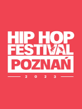 Na plakacie występują dwa kolory- czerwony i biały, plakat przedstawia napis "HIP HOP FESTIVAL POZNAŃ 2023".