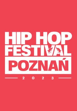 Na plakacie występują dwa kolory- czerwony i biały, plakat przedstawia napis "HIP HOP FESTIVAL POZNAŃ 2023".
