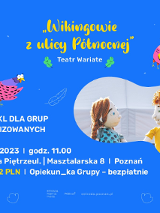 Zdjęcie dwóch lalek oraz informacje na temat wydarzenia na niebieskim tle.