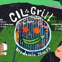 Plakat przedstawia rysunkowych ludzi na zielonym tle, którzy są ułożeni w kątach zdjęcia i patrzą się w centrum- grilla, na którym smażące się warzywa układają się w uśmiechniętą buzię.