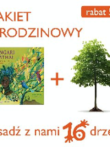 Na plakacie znajduje się zielona książką oraz drzewo, między nimi jest znak plus. Do góry widnieje pomarańczowy napis "pakiet urodzinowy".