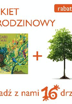 Na plakacie znajduje się zielona książką oraz drzewo, między nimi jest znak plus. Do góry widnieje pomarańczowy napis "pakiet urodzinowy".