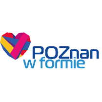 Tło plakau jest białe, znajduje się na nim po lewej stronie serce w kolorach różowym, żółtym oraz niebieskim, na prawo od serca jest niebieski napisa "POZnan w formie".