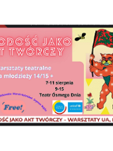 po prawej stronie plakatu rysunek kota stojącego na dwóch łapach i trzymającego flagę, na której są zielone kwiaty i drzewa, po lewej stronie informacje o warsztatch