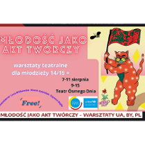 po prawej stronie plakatu rysunek kota stojącego na dwóch łapach i trzymającego flagę, na której są zielone kwiaty i drzewa, po lewej stronie informacje o warsztatch