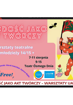 po prawej stronie plakatu rysunek kota stojącego na dwóch łapach i trzymającego flagę, na której są zielone kwiaty i drzewa, po lewej stronie informacje o warsztatch