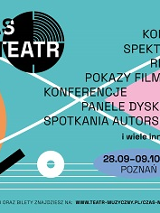 Plakat z informacjami na temat festiwalu: czarne napisy na zielonym tle. U dołu plakatu biała pięciolinia z trzema różnymi figurami na niej. Z lewej strony pomarańczowe półkole, z prawej - różowy trójkąt.