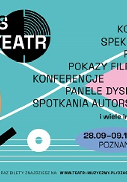 Plakat z informacjami na temat festiwalu: czarne napisy na zielonym tle. U dołu plakatu biała pięciolinia z trzema różnymi figurami na niej. Z lewej strony pomarańczowe półkole, z prawej - różowy trójkąt.