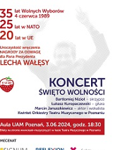 Plakat z informacjami na temat wydarzenia. W tle blade zdjęcie Lecha Wałęsy.