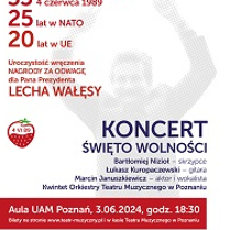 Plakat z informacjami na temat wydarzenia. W tle blade zdjęcie Lecha Wałęsy.