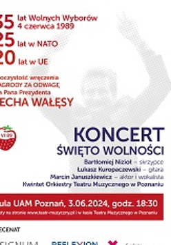 Plakat z informacjami na temat wydarzenia. W tle blade zdjęcie Lecha Wałęsy.