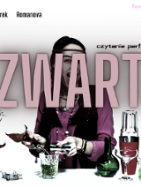 Plakat z informacjami o wydarzeniu oraz zdjęciem roześmianej kobiety przy stole, na którym stoją szklanki, kieliszki i butelki.