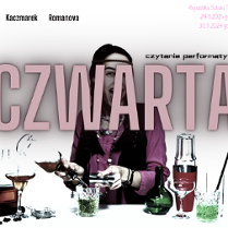 Plakat z informacjami o wydarzeniu oraz zdjęciem roześmianej kobiety przy stole, na którym stoją szklanki, kieliszki i butelki.