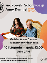 Plakat z informacjami na temat wydarzenia. W środku zdjęcie Anny Dymnej i Aleksandra Machalicy.siedzących na stylizowanej sofie. Anna Dymna trzyma w ręce mikrofon.