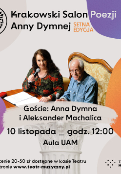 Plakat z informacjami na temat wydarzenia. W środku zdjęcie Anny Dymnej i Aleksandra Machalicy.siedzących na stylizowanej sofie. Anna Dymna trzyma w ręce mikrofon.