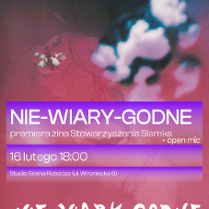 Grafika w czerwono-fioletowym kolorze. Białe napisy informujące o wydarzeniu, w tle jakieś nieokreślone, rozmazane kształty.