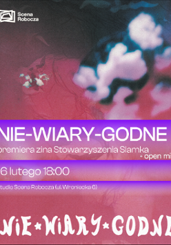 Grafika w czerwono-fioletowym kolorze. Białe napisy informujące o wydarzeniu, w tle jakieś nieokreślone, rozmazane kształty.