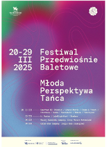 na różowym tle informacje o festiwalu Przedwiośnie Baletowe: data festiwalu, daty i tytuły spektakli, logotyp teatru