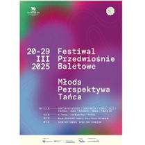 na różowym tle informacje o festiwalu Przedwiośnie Baletowe: data festiwalu, daty i tytuły spektakli, logotyp teatru