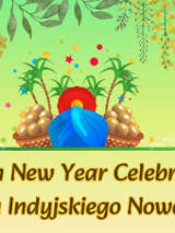 Grafika w jasnozielonym kolorze z hinduskimi akcentami i zwisającymi liśćmi. Na dole napis: Obchody Indyjskiego Nowego Roku.