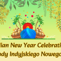 Grafika w jasnozielonym kolorze z hinduskimi akcentami i zwisającymi liśćmi. Na dole napis: Obchody Indyjskiego Nowego Roku.