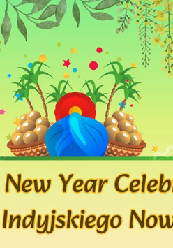 Grafika w jasnozielonym kolorze z hinduskimi akcentami i zwisającymi liśćmi. Na dole napis: Obchody Indyjskiego Nowego Roku.