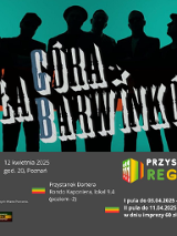 Czarne sylwetki członków zespołu na zielono-czerwonym tle. Na środku nazwa zespołu, na dole informacje o wydarzeniu.