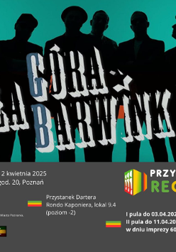 Czarne sylwetki członków zespołu na zielono-czerwonym tle. Na środku nazwa zespołu, na dole informacje o wydarzeniu.