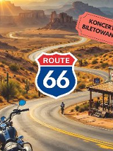 Plakat, który reklamuje koncert, pt. Route 66. Zdjęcie drogi ciągnącej się między polami, z boku stoi motor, pośrodku logo Route 66, po prawej zajazd z napisem "Country, blues"..