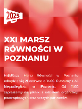 Białe napisy informujące o wydarzeniu na czerwonym tle.