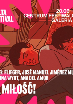 Para leży przytulona na kanapie. Na dole i na górze białe napisy informujące o wydarzeniu na różowym tle.