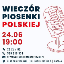 Czarne i czerwone napisy informujące o wydarzeniu. Po prawej grafika przedstawiająca mikrofon.