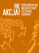 Plakat promujący wydarzenie. Nazwa wydarzenia. Kamery filmowe na pomarańczowym tle.