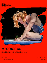 Plakat spektaklu. Na scenie postać w niebieskim stroju sportowym, pisząca na podłodze. Informacje o wydarzeniu w treści artykułu.