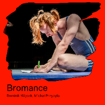 Plakat spektaklu. Na scenie postać w niebieskim stroju sportowym, pisząca na podłodze. Informacje o wydarzeniu w treści artykułu.