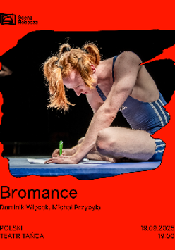 Plakat spektaklu. Na scenie postać w niebieskim stroju sportowym, pisząca na podłodze. Informacje o wydarzeniu w treści artykułu.