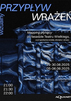 W tle budynek Teatru Wielkiego w Poznaniu. Na nim naniesione niebiesko-białe światła. Na pierwszym planie szczegóły na temat wydarzenia zawarte w treści artykułu.