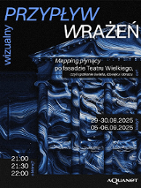 W tle budynek Teatru Wielkiego w Poznaniu. Na nim naniesione niebiesko-białe światła. Na pierwszym planie szczegóły na temat wydarzenia zawarte w treści artykułu.