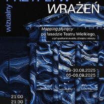 W tle budynek Teatru Wielkiego w Poznaniu. Na nim naniesione niebiesko-białe światła. Na pierwszym planie szczegóły na temat wydarzenia zawarte w treści artykułu.