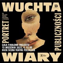 Na czarnym tle fragment twarzy, dookoła niej, w kwadracie, informacje na temat wydarzenia.