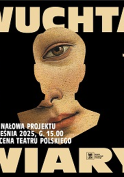 Na czarnym tle fragment twarzy, dookoła niej, w kwadracie, informacje na temat wydarzenia.