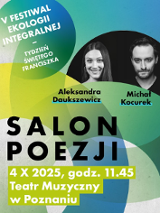 na plakacie informacje o wydarzeniu oraz zdjęcia twarzy dwójki osób, kobiety i mężczyzny, biorących udział w wydarzeniu