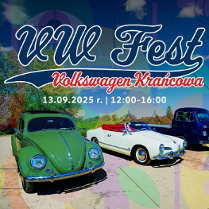 3 pojazdy marki Volkswagen. W tle drzewa i niebo. Półprzezroczyste, kolorowe kształty geometryczne. Szczegóły na temat wydarzenia w treści artykułu.