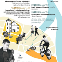 Biało-czarne zdjęcia gołębi, ludzi. Rysunek klasztoru. W tle kolorowa mapa Poznania. Szczegółowe informacje dotyczące wydarzenia w treści artykułu.